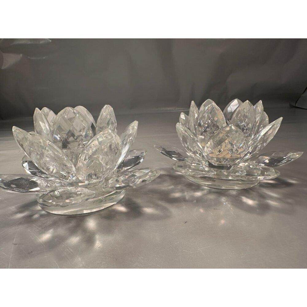 Shannon Crystal Candle Holder Lotus Flower Godinger Ireland Vintage Pair - Picture 9 of 16